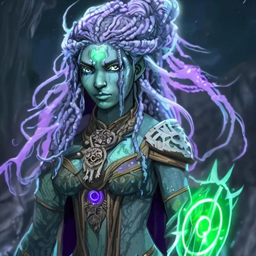 Prompt: Water genasi female with purple long hair, blue-green skin, glowing green eyes, druid, robe, quarterstaff, tattoos


