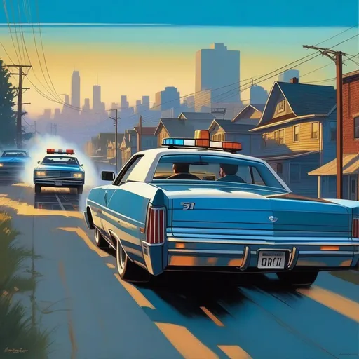 Prompt: GTA III, car chase, cops, cartoony, cold blue atmosphere, extremely detailed painting by Greg Rutkowski and by Henry Justice Ford and by Steve Henderson
