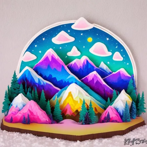 Prompt: Lisa frank style snowy mountain diorama 