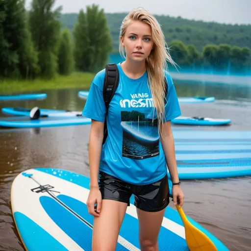 Prompt: photo of young woman, soaking wet clothes, vans, no socks, neopren shorts, bare legs, neopren t-shirt,  , blond girls standing on sup board, blue eyes, lake, rain,   enjoying, water dripping from clothes, clothes stuck to body,  detailed textures of the wet fabric, wet face, wet plastered hair,  wet, drenched, professional, high-quality details, full body view , full view