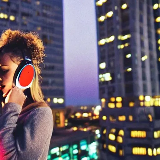 Prompt: 90s retro and city buildings at night with girl wearing headphone