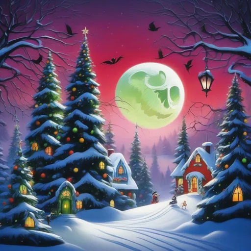 Prompt: ((In the style of Tim Burton)), vibrant colors, dark atmosphere, dynamic composition, contrasting characters, snow-covered landscape, twisted Christmas trees, eerie lighting, whimsical details, intricate costumes, playful expressions, intense rivalry, snowflakes swirling, mischievous grin on the Grinch's face, Jack Skellington's skeletal features, elaborate set design, eerie music, grandiose gestures, theatrical staging.