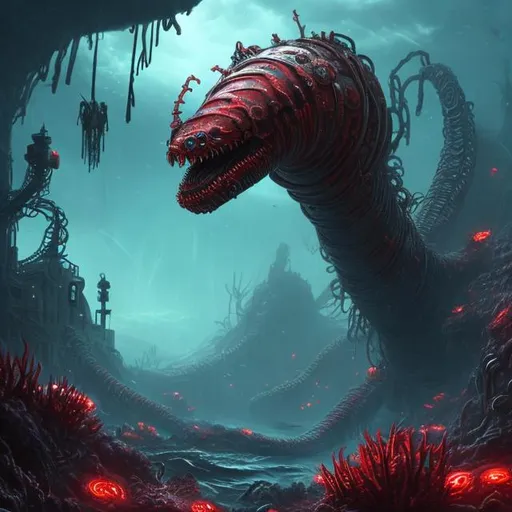 Prompt: Red lights, biological mechanical, giant eels, robot, dark, deep ocean, fantasy art style, coral reef, dystopian, underwater, danger, shipwreck, murky water, predators, hunting, evil