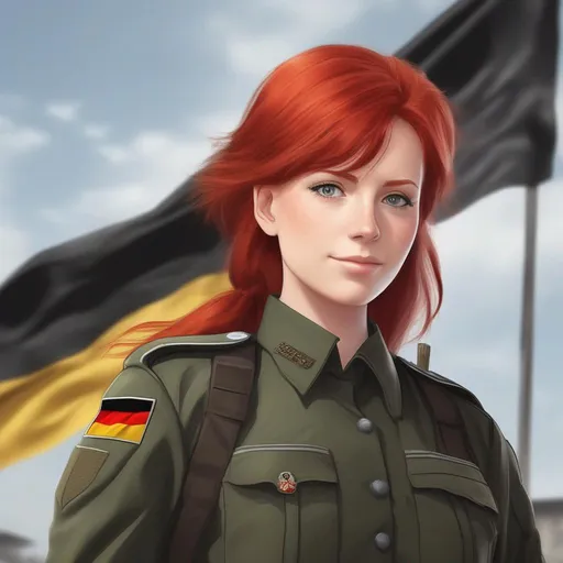 Prompt: A red-haired, female German KSK soldier. The German Democratic Republic flag is behind her in the background. (anime)