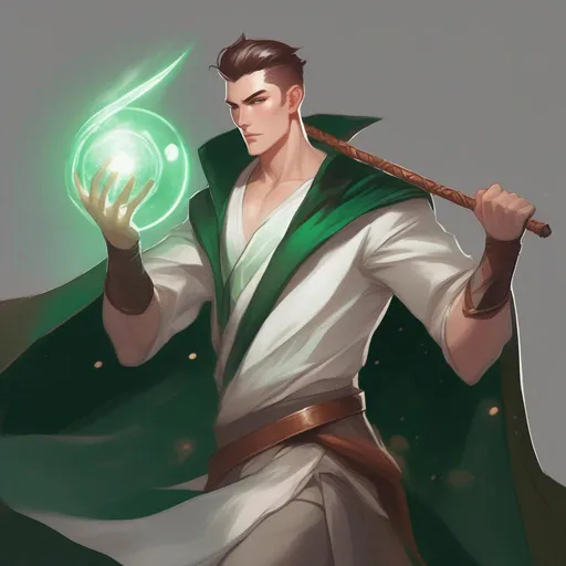 Prompt: a dynamic waist up drawing of an athletic, adult slender muscular male mage in movement, wearing a dark green wizars robe with a cape, loincloth, white shirt underneath, very short extremely deep dark brown slicked back pompadour undercut with dark ginger highlights and shaved sides, very bright and pale milky skin. He fights with a wooden magic staff with a crystal and shoots magical pulses in motion, in rage, soft feminine body features, rising, athlete, scarred face, Smooth skin, detailed face, well drawn face. Star wars art. 2d art. 2d.