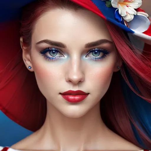 Prompt: Beautiful ethereal woman. color scheme of  red, white and blue, patriotic. facial closeup