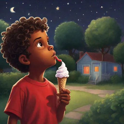 Prompt: using the curly head brownskinned little boy in the red shirt stands in his backyard, gazing up at the night sky. In one hand, he holds an ice cream cone, its cold sweetness contrasting with the warm evening air. He's lost in thoughts, wondering how it would feel to play among the stars, his imagination taking flight as he enjoys his treat.