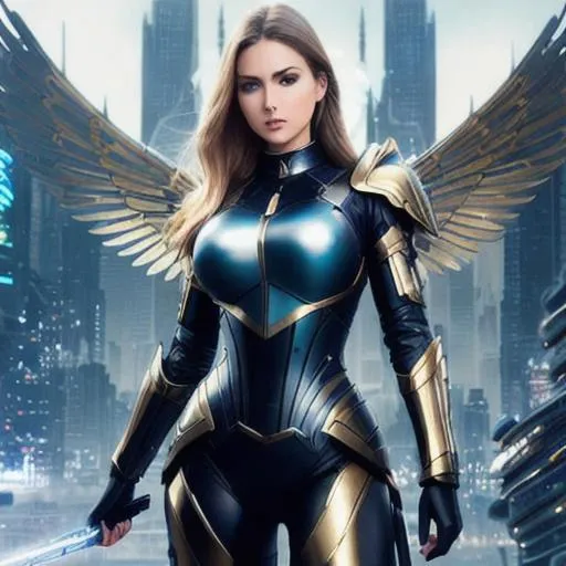 Prompt: full body fierce female archangel in ultra realistic open battle armor, beautiful face, blue eyes, thin waist, wide hips, delicate face, dynamic pose, metal, black, gold, inticated detail, nice face, futuristic city on background, fantasy, science fiction 