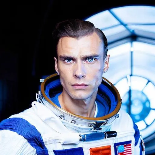 Prompt: Antoni Pawlicki is a futuristic civil servant dressed in a Space-1999-inspired business suit on a space station. photorealistic, accurate face
