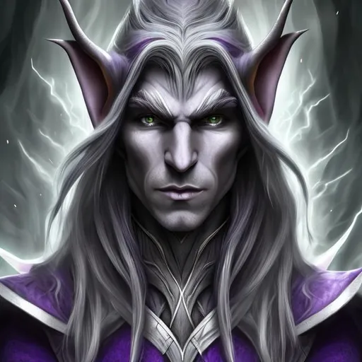 Prompt: Portrait of male elf with long silver hair, purple skin, gray eyes, dressed in wizards robes, menacing look 
