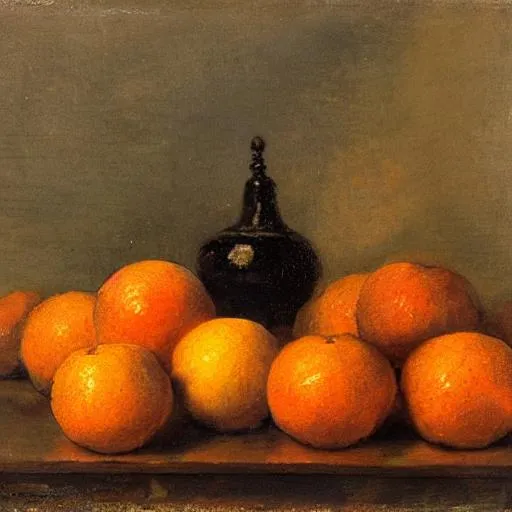 Prompt: Rembrandt style oranges and apples