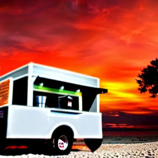 Prompt: long shot scenic professional photograph of Coffee Truck, Back side bar, Upside door opened, perfect viewpoint, highly detailed, wide-angle lens, hyper realistic, with Orange sky, Near Beach, polarizing filter, natural lighting, vivid colors, everything in sharp focus, HDR, UHD, 64K