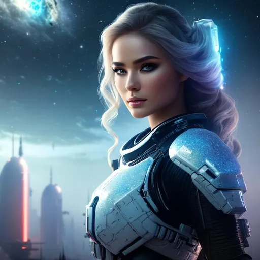 Prompt: create photograph of most beautiful fictional female elite space soldier who is from future, ,extremely, wide angle, detailed environment, detailed background, planets an nebulae in sky highly detailed, intricate, detailed skin, natural colors , professionally color graded, photorealism, 8k, moody lighting


