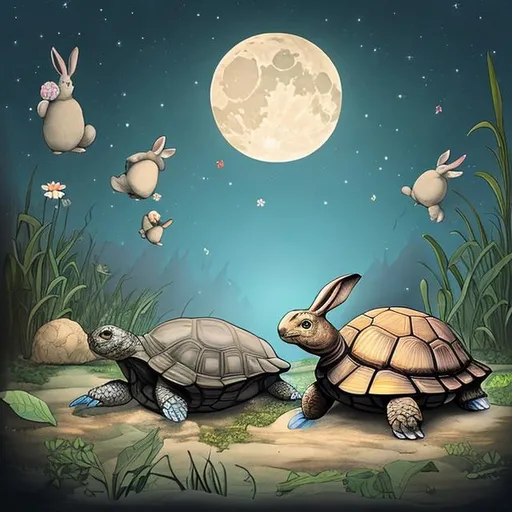 Prompt: tortoise and rabbit inside moon
