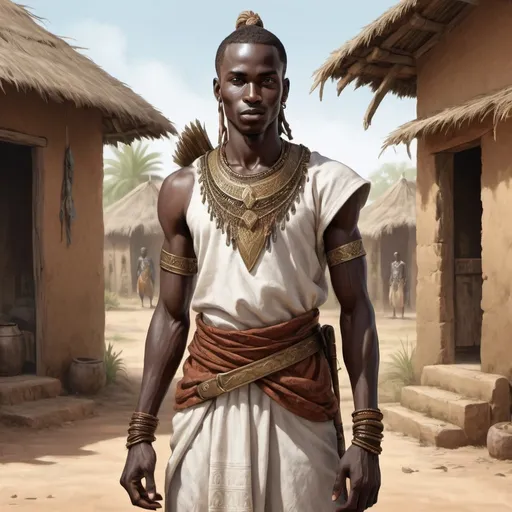 Prompt: Full body, Fantasy illustration of a male senegalese warrior, 20 years old, kind expression, traditional garment, high quality, rpg-fantasy, detailed, senegalese village background