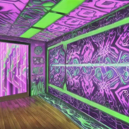 Prompt: As you enter the room, a wave of neon colors and trippy patterns washes over you. The acidwave aesthetic is in full force here, with walls covered in bold, abstract designs and flickering fluorescent lights casting everything in a surreal glow. The music is a heady mix of glitchy beats and distorted vocals, pulling you further into the dreamlike atmosphere. It's like stepping into a hallucination, where nothing is quite as it seems and reality is a fluid, ever-shifting thing. In this acidwave world, anything is possible and everything is a little bit warped.