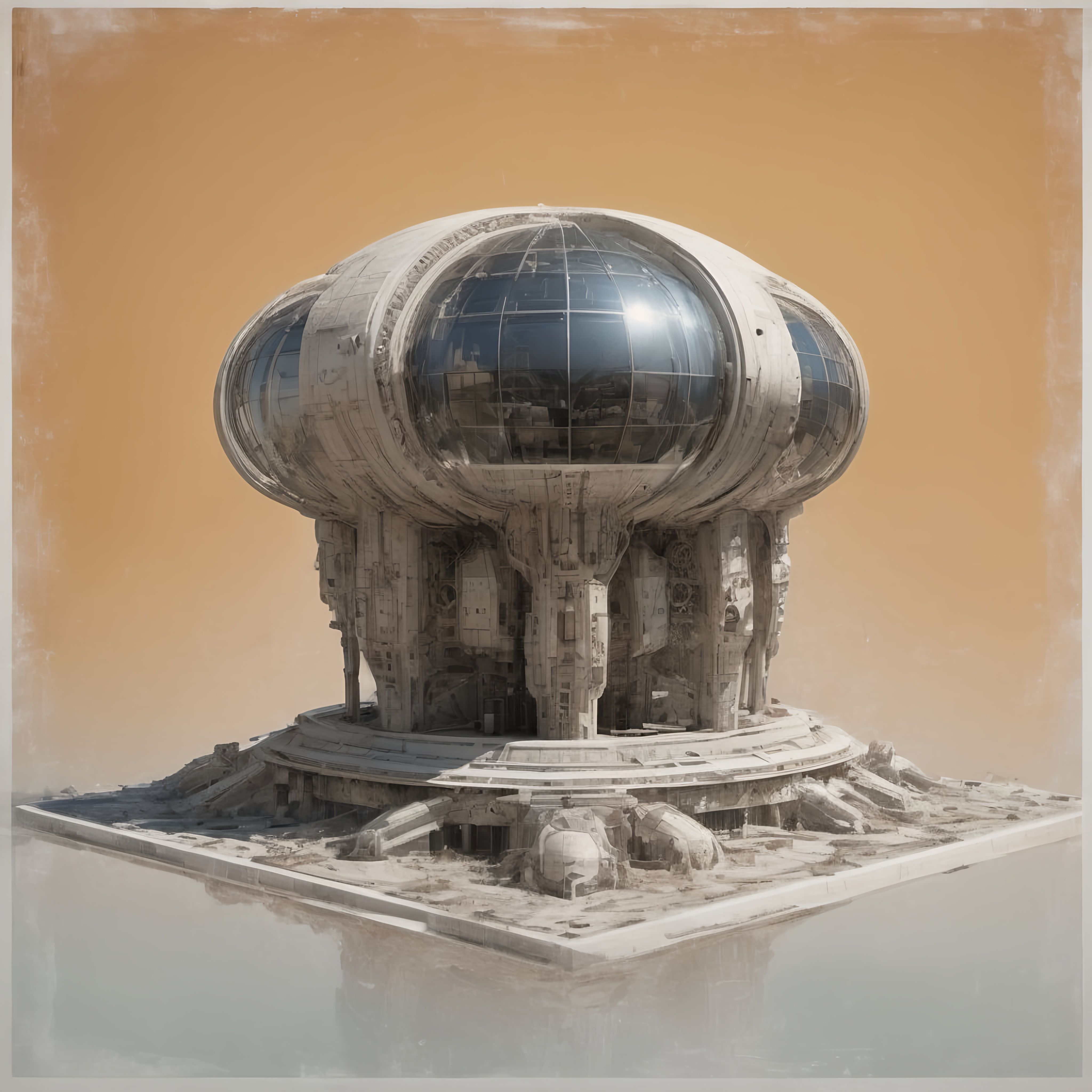 Prompt: a very strange looking building with a big dome on top of it's base and a sky background