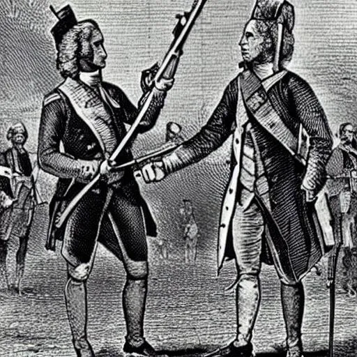 Prompt: George Washington and king george the 3rd each holding a musket to each other necks