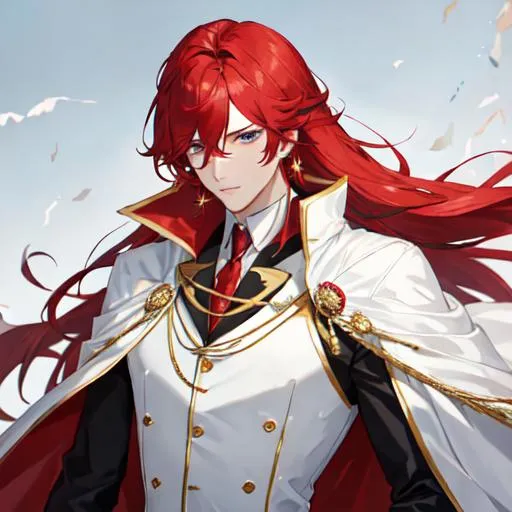 Prompt: Zerif 1male (Red side-swept hair covering his right eye) wearing a royal suit, white cape, 