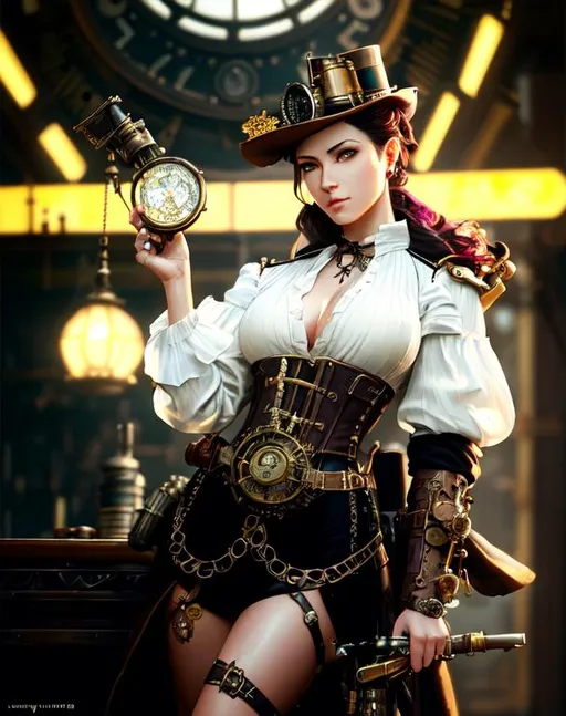 Prompt: Professional painting of a beautiful steampunk weaponsmith woman, steampunk outfit and accessories, hyperrealism, photorealistic, 8k, unreal engine --ar 9:16 --niji 5 --style expressive --s 400, by Jeremy Mann, Rutkowski, and other Artstation illustrators, intricate details, face, full body portrait, headshot, illustration, UHD, 4K