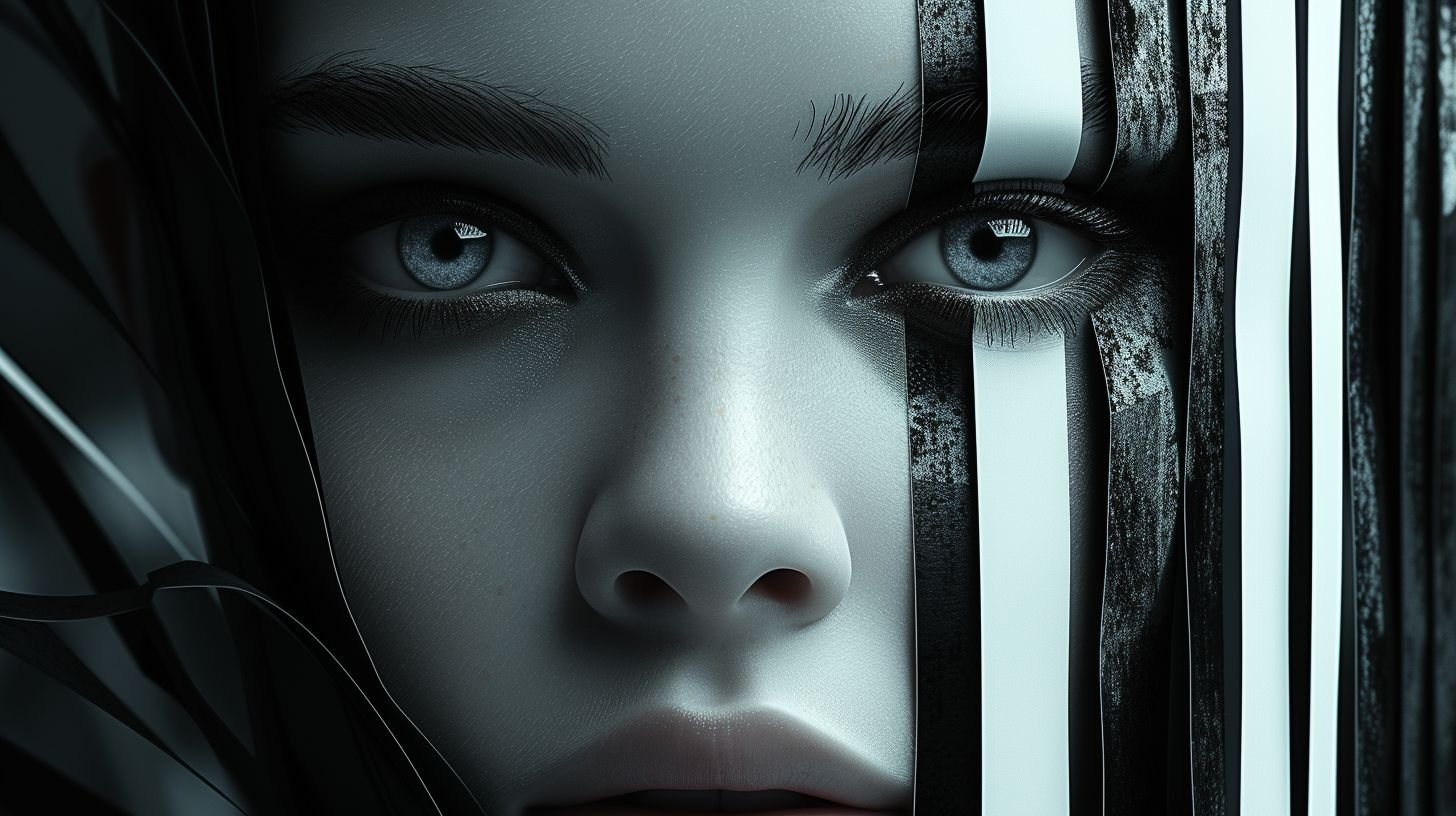 Prompt: Create an image of a human-like face with a futuristic aesthetic. The face should be framed by abstract, metallic elements that evoke a sense of advanced technology. Include sleek stripes of alternating colors across the face that complement the overall color scheme, but allow the eyes to be clearly visible, radiating a sharp, piercing look. The facial features should be detailed and realistic, with a touch of surrealism that blends organic and synthetic elements seamlessly. The background should be dark to highlight the subject, with subtle highlights that suggest a high-tech environment.