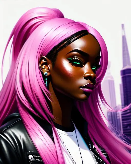 Prompt: atompunk  black person with flying hyperdetailed  long white hair and with cute face and nose piercing, beautiful hyperdetailed gloss lips, 
standing next to a pink dragon, apocalyptic landscape , perfect composition, hyperrealistic, photorealism, super detailed, 8k, high quality, trending art, trending on artstation, sharp focus, studio lighting, intricate details, hyperdetailed photography 