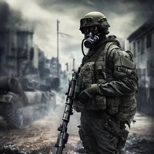 Prompt: A modern  military male in black military, and gas mask holding camera, background war battle, Hyperrealistic, sharp focus, Professional, UHD, HDR, 8K, Render, electronic, dramatic, vivid, pressure, stress, nervous vibe, loud, tension, traumatic, dark, cataclysmic, violent, fighting, Epic 