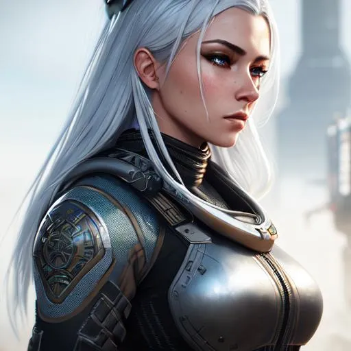Prompt: Photorealistic woman, dirty, 
revolution leader, futuristic soldier, silver hair, full body pose, epic Instagram, artstation, hyperdetailed intricately detailed , unreal engine, intricate detail, splash screen, complementary colors, concept art, 8k, deviantart masterpiece, oil painting, heavy strokes, splash arts, dim lighting