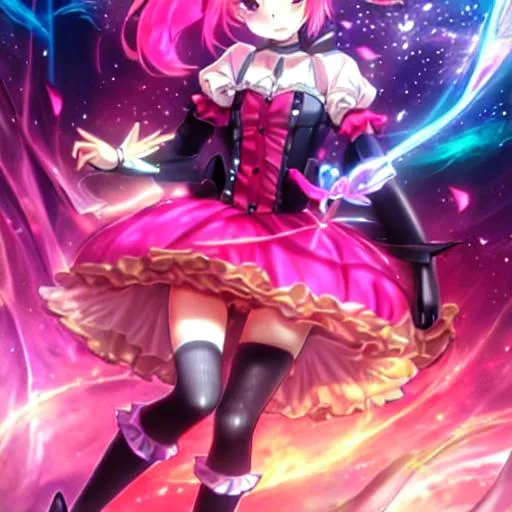 Prompt: anime, (masterpiece), best quality, expressive eyes, perfect face, full body, 1girl, pink haired fourteen years old girl, dressed in a frilly black and pink dress, wielding a black hunting bow, black and red chocker with a pink gem, short pink hair, pink eyes, short twintails, black hair ribbons, black stockings, red Mary Jean shoes, sad expression, tears,