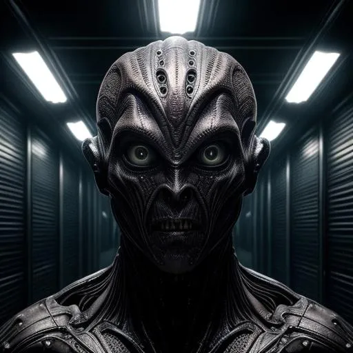 Prompt: Please Create a masterpiece photograph of , a creepy scary alien creature with alien skin and clothing, with a damp and steamy highly detailed spaceship corridor in the background, sci-fi, flickering halogen lamps, muted dark colors, high dynamic range, aggressive pose, sultry, full body, perfect face, detailed face, perfect body, alien tattoos, scars, smudge, oil greased skin, complex details, highly detailed body, highly detailed skin, highly detailed face, reflective textures, wet skin, dripping water, The Alien film franchise, photorealistic, masterpiece, hyperrealism, analog style, 8K UHD, RAW, octan render, concept art, professionally color graded, muted LUT, HR Giger, Hans Ruedi Giger, by Aaron Horkey and Jeremy Mann