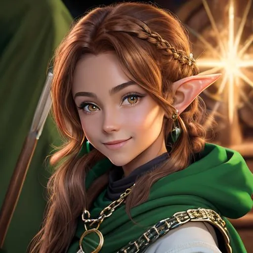 Prompt: oil painting, D&D fantasy, (23 years old) lightly tanned-skinned hobbit girl, (tiny petite body), beautiful face, mischievous grin, long ponytail bright auburn with highlights hair, short small pointed ears, mischievous grin looking at the viewer, cleric wearing chain mail with a dark green cloak and casting a holy elemental spell #3238, UHD, hd , 8k eyes, detailed face, big anime dreamy eyes, 8k eyes, intricate details, insanely detailed, masterpiece, cinematic lighting, 8k, complementary colors, golden ratio, octane render, volumetric lighting, unreal 5, artwork, concept art, cover, top model, light on hair colorful glamourous hyperdetailed medieval city background, intricate hyperdetailed breathtaking colorful glamorous scenic view landscape, ultra-fine details, hyper-focused, deep colors, dramatic lighting, ambient lighting god rays, flowers, garden | by sakimi chan, artgerm, wlop, pixiv, tumblr, instagram, deviantart