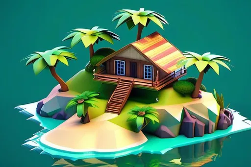 Prompt: low poly tropical island with one unique cabin, 12k, UHD 3D, richly detailed