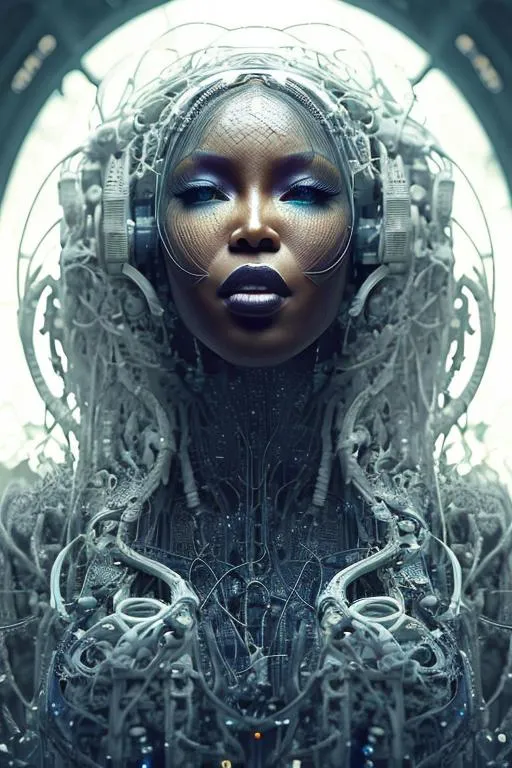 Prompt: Can you write me a Open Art prompt that includes it using an uploaded portrait image and has the following descriptors :Naomi Campbell, scifi, futuristic, utopian, machine parts, white liquid embellished beautiful body, white face, long curly hair, dynamic lighting, digital art, wires, circuits, highly detailed, octane render, cinematic, hauntingly surreal, gothic, highly detailed and intricate, rich deep colors

