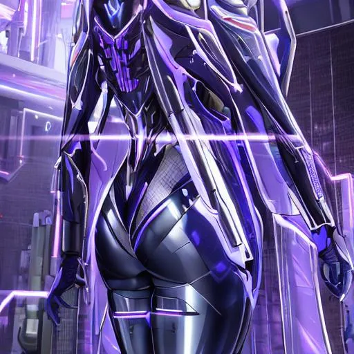 Prompt: "A portrait of a masked female figure, standing in front of a futuristic and high-tech environment, with her back turned to the camera. The figure is wearing a high-tech suit that incorporates advanced technology and futuristic design elements. The detailing of the suit, including the intricate body armor, the complex power source, and the various sensors and gauges, is rendered in vivid detail. The environment is high-tech and futuristic, with a sense of opulence and sophistication. The lighting is dramatic and moody, highlighting the figure's strength and technological prowess. The composition is stunning and engaging, capturing the female figure's beauty, technology, and power in stunning detail." cyberpunk style