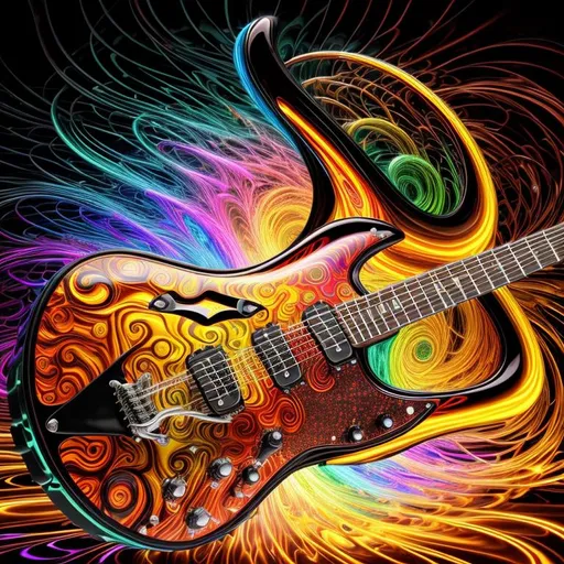 Prompt: beautiful swirl dark chaos vivid bold, 3D, HD, [{one}({liquid metal {electric}guitar with {orange yellow brown green red dark-blue}plasma)[::2, expansive psychedelic background --s99500 