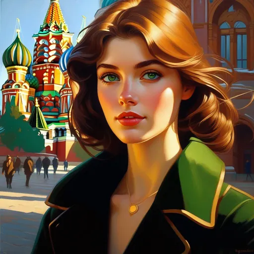 Prompt: Third person, gameplay, Russian girl, pale skin, brown hair, freckles, green eyes, 1980s, Moscow, golden atmosphere, cartoony style, extremely detailed painting by Greg Rutkowski and by Henry Justice Ford and by Steve Henderson 
