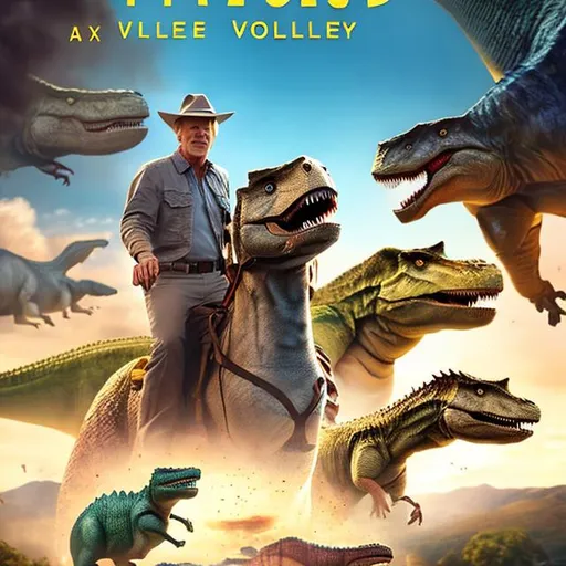 Prompt: Movie poster starring Harrison Ford for 'Indiana Jones in the Valley of Dinosaurs', accurate face, accurate costumes, T-Rex, HD, hyper realistic, 8K --s98500