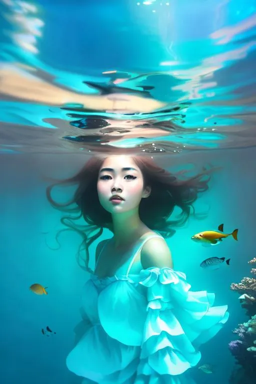 Prompt: An underwater portrait of a pretty dreamy chinese young lady with a beautiful face under the sea. Photographic style. Headfacing sideways to the camera..