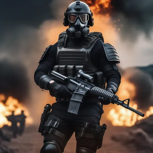 Prompt: A modern roman military male in black military armor, with a pistol and gas mask, background war battle, Hyperrealistic, sharp focus, Professional, UHD, HDR, 8K, Render, electronic, dramatic, vivid, pressure, stress, nervous vibe, loud, tension, traumatic, dark, cataclysmic, violent, fighting, Epic