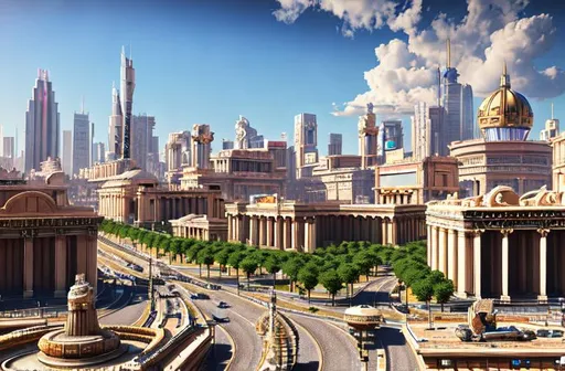 Prompt:  ultrarealistic futurist city glory of roman empire, many details, streets, buildings, future cars, 8k, hdr, Beautifully Detailed, Natural Lighting, Light Diffusion, dystopian