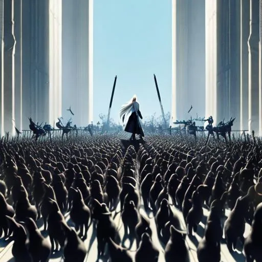 Prompt: Sephiroth from Final Fantasy and his army of cat demons getting ready to attack a can and its army of Sephiroth clones