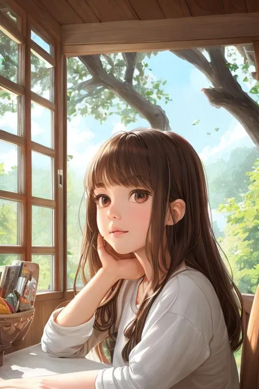 Prompt: close up shot, cinematic shot,

a girl sitting near window, enjoying afternoon time, cute face, calm, ultra detailed tree house interior background, detailed face, detailed eyes, innocent, detailed nose, detailed mouth and lip, detailed interior,

2D illustration, 2D character design, 2D flat color, 2D digital illustration, 2D vector illustration, vibrant color, 

((sunshine, very strong sunlight on face, cinematic lighting, volumetric lighting, iridescent lighting reflection, reflection, beautiful shading, head light, back light, natural light, ray tracing, symmetrical)), (((masterpiece, professional, professional illustration, long pink hair, beautiful bang, stray hair))),

UDR, HDR, 64k, beautiful, stunning, masterpiece, inspired by atelier series,