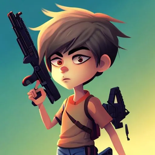Prompt: A 2d animated boy with gun in hand
