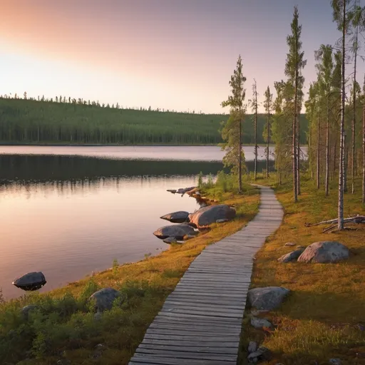 Prompt: peaceful landscape in Lapland at the lake when sun is raising. There are some forests like pines, tiny briches, spruces, small rapid, a path, in distant there´s a hill  