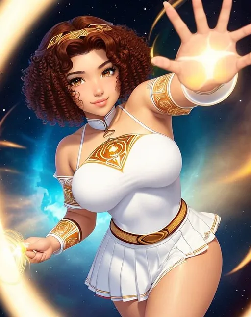 Prompt: A beautiful 14 year old ((Latina)) light elemental with light brown skin and a cute face. She has a curvy body. She has short curly reddish brown hair and reddish brown eyebrows. She wears a beautiful tight white princess outfit with a white skirt. She has brightly glowing yellow eyes and white pupils. She wears a small golden tiara. She has a yellow aura around her. She is using light magic in battle against a entire army in a open field. Epic battle scene art. Full body art. {{{{high quality art}}}} ((goddess)). Illustration. Concept art. Symmetrical face. Digital. Perfectly drawn. A cool background.