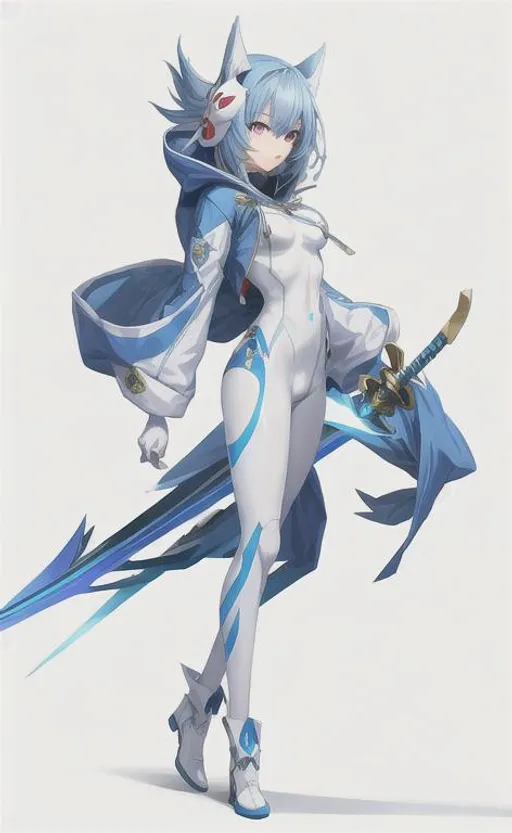 Prompt: anime style, (masterpiece), best quality, expressive eyes, perfect face, full body, 1girl, eighteen years old, wearing a white and light blue skintight bodysuit, under a hooded and fur trimmed blue long coat, blue colored bird mask, short blue hair, hair ornament with a blue gem, hidden eyes, great sword, holding a sword, white gloves, white boots with blue straps, eye mask, 