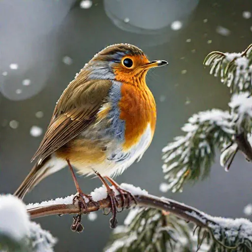Prompt: hd photo of a  cute European robin on a  branch during a snow winter. (European robin)
