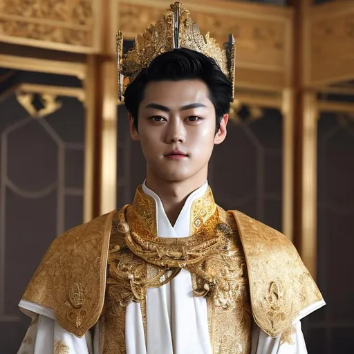 Prompt: mackenyu, emperor, gold crown, white robe