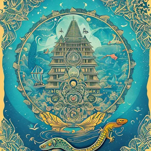 Prompt: a unique poster with a sailing boat and a gecko with a mandala on the middle
