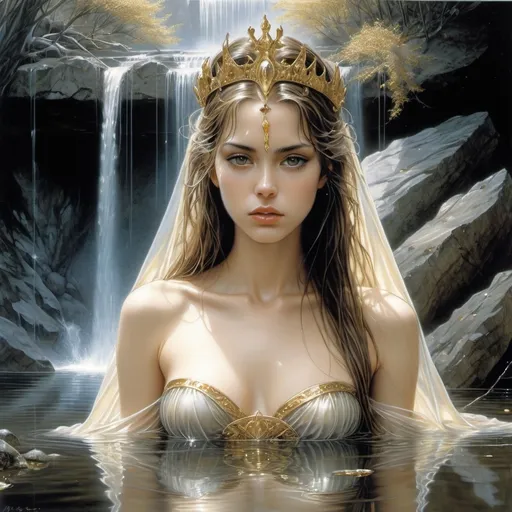 Prompt: Hajime Sorayama, Luis Royo, Surrealism Mysterious strange fantasy. A beautiful girl with long brown hair decorated with a golden tiara, 
in a light transparent cape and with a perfectly voluminous body.
 bathes in the clear waters of a small lake with a waterfall, in a rocky, gloomy area. very detailed image.